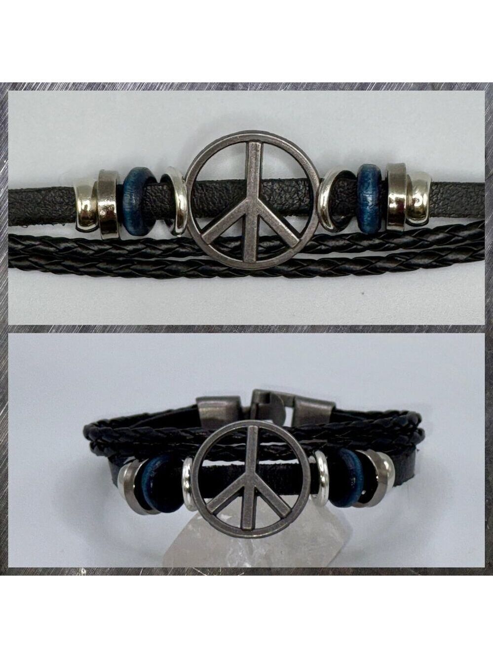 Boho Peace Sign Faux Leather Bracelet – 8” Blue and Black #1482